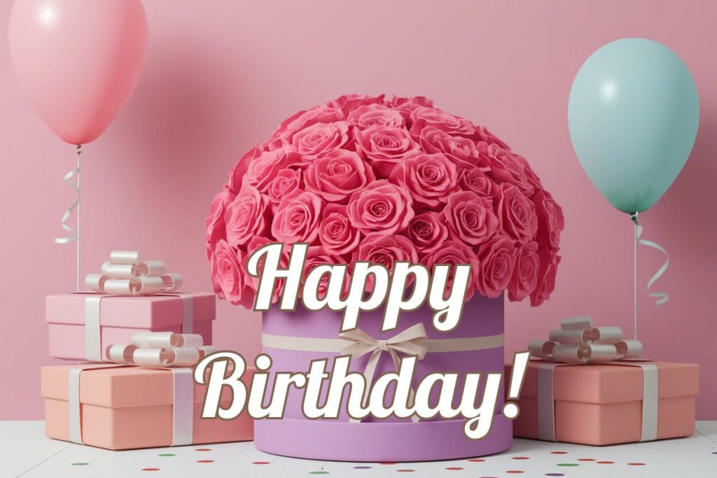 Happy Birthday image with pink roses bouquet, balloons and gift boxes — beautiful floral birthday card for women