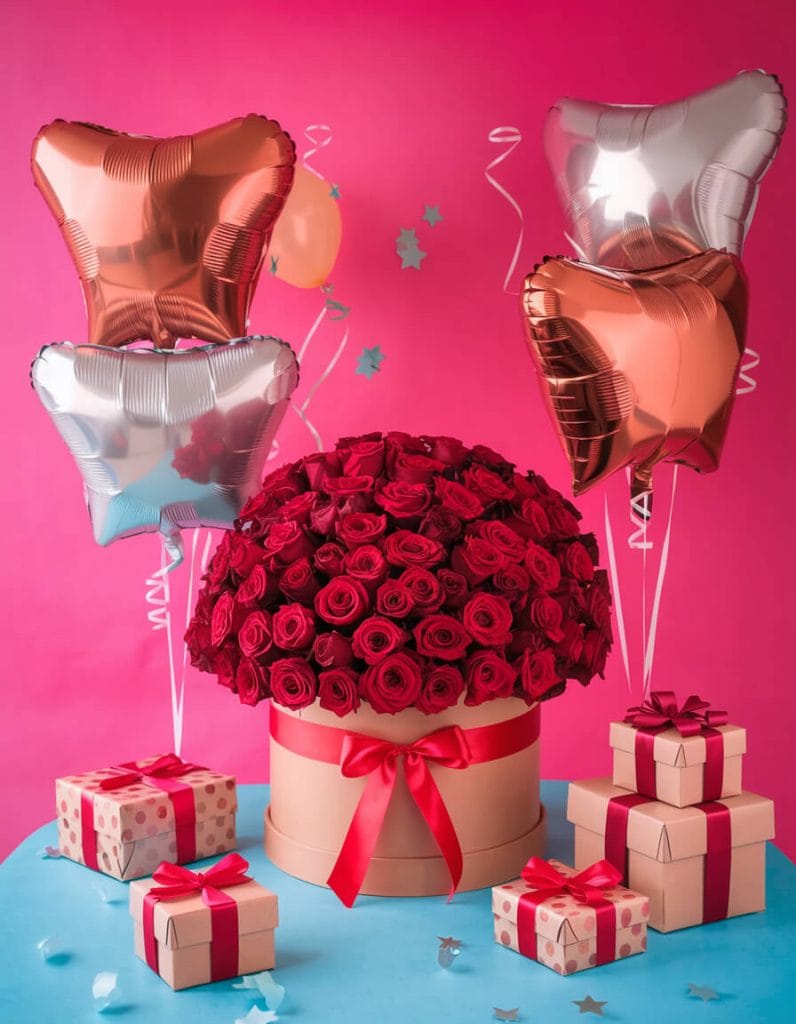 happy birthday card red roses balloons gifts for woman friend