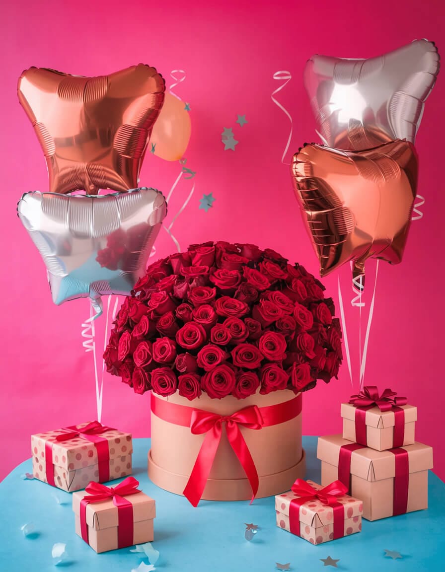 Happy Birthday Card with Red Roses and Balloons