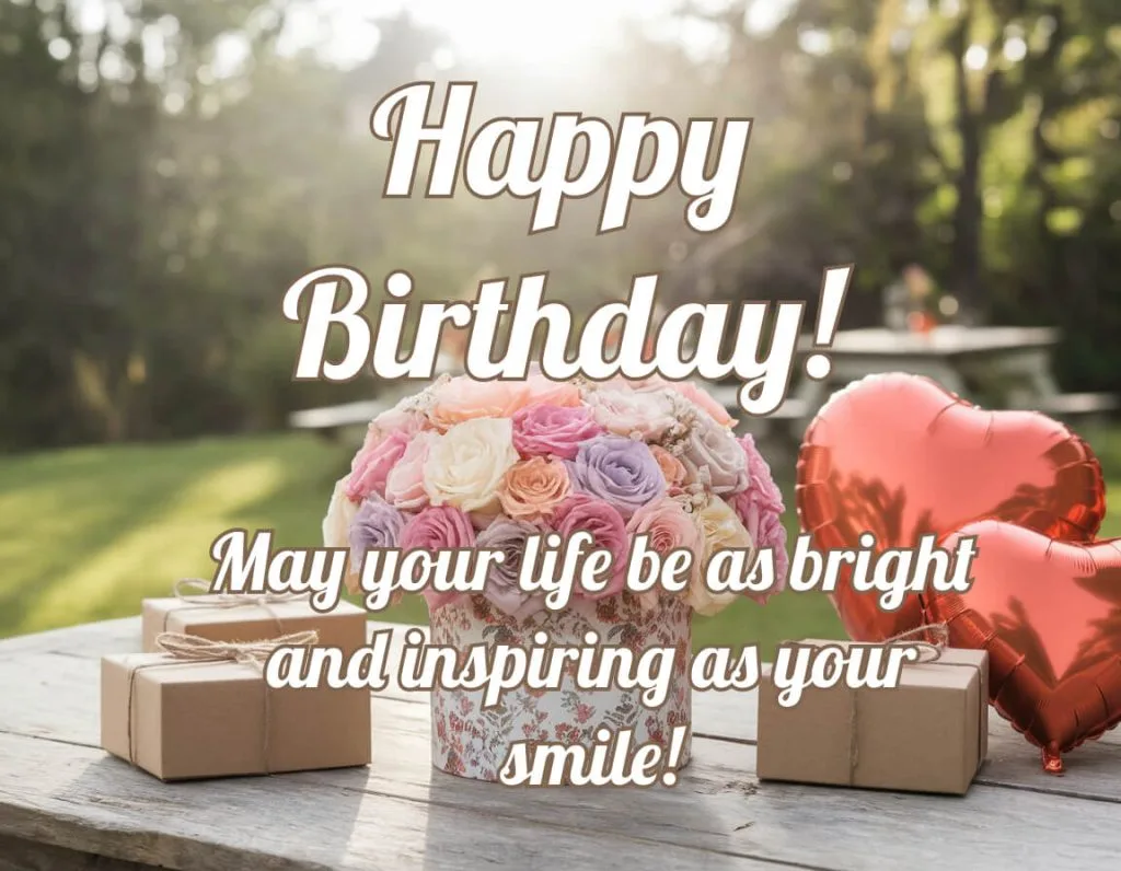 happy birthday flowers balloons gift boxes pink heart romantic card