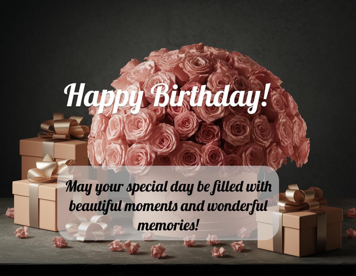 Happy Birthday Wishes with Roses & Gifts for Her
