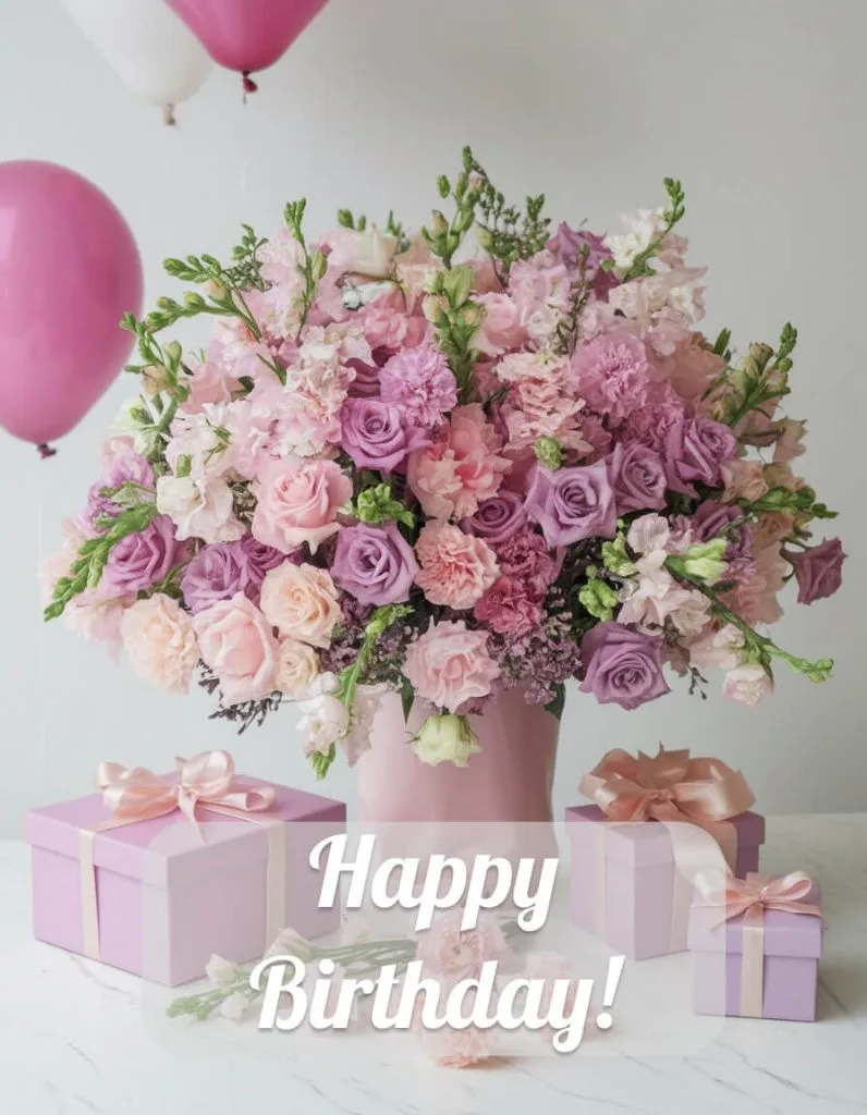 happy birthday flowers bouquet pink purple balloons gifts
