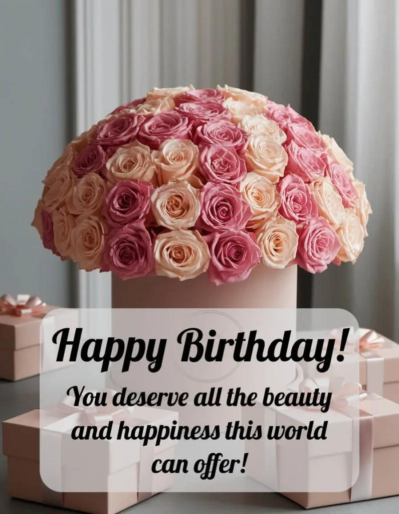 happy birthday image for woman pink roses bouquet with gifts
