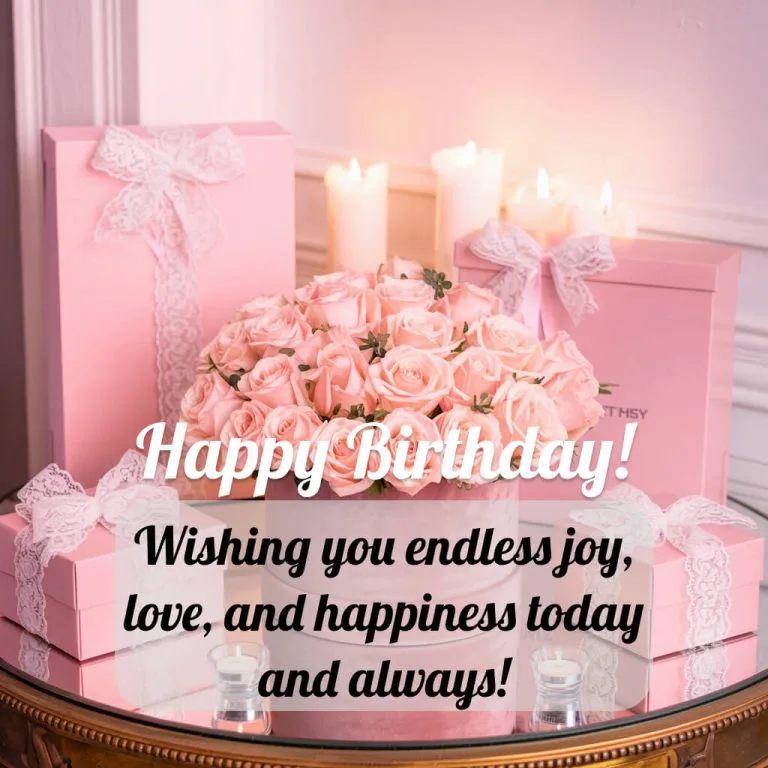 happy birthday image for woman pink roses gift boxes candles
