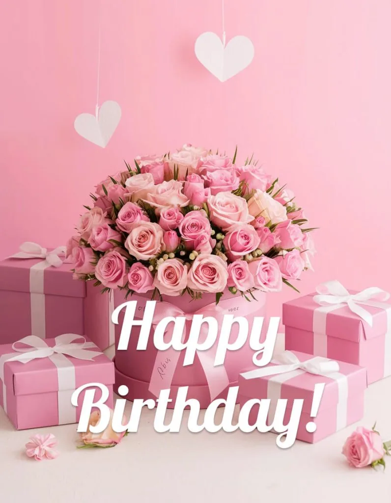 happy birthday image pink roses gift boxes romantic floral greeting card for woman
