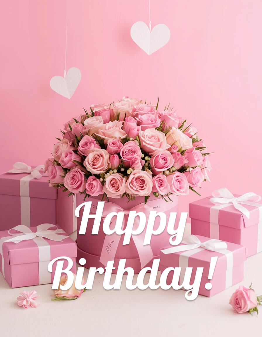 Happy Birthday Image with Pink Roses & Gift Boxes