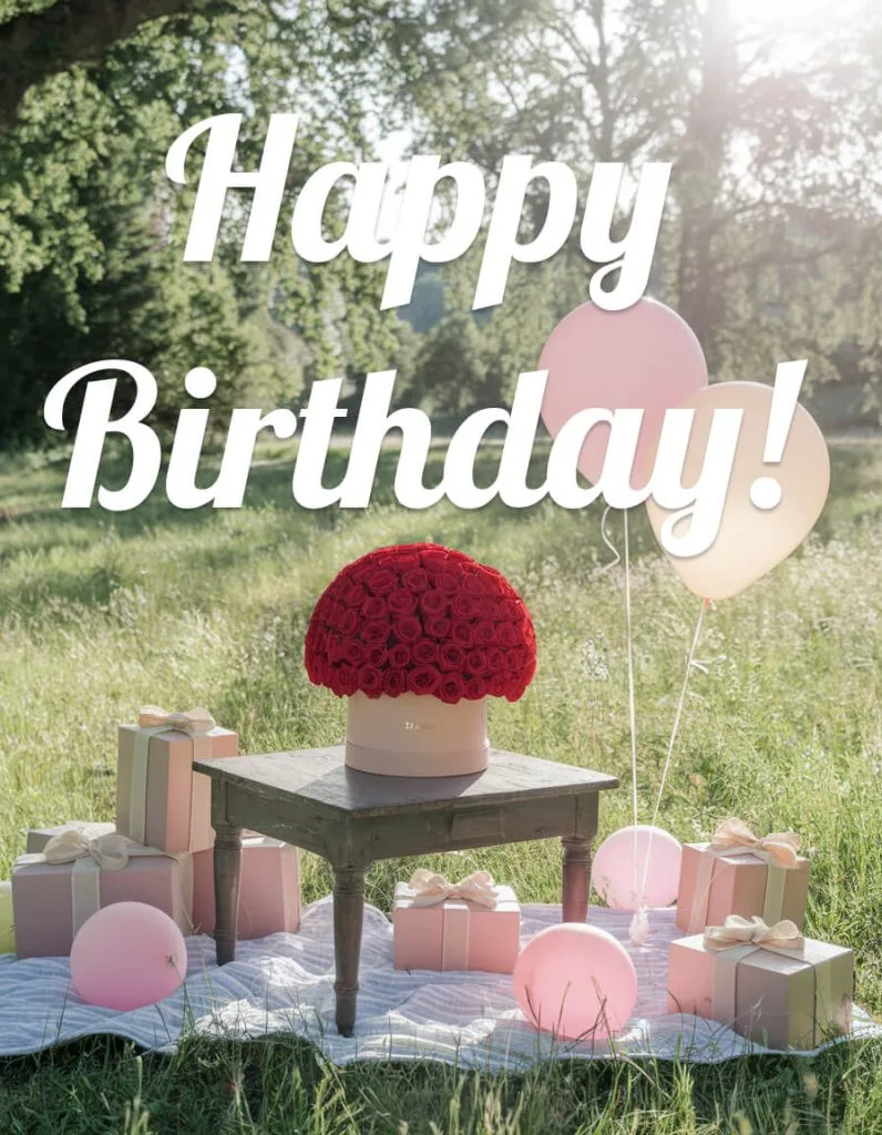 happy birthday image with red roses balloons and gifts in nature